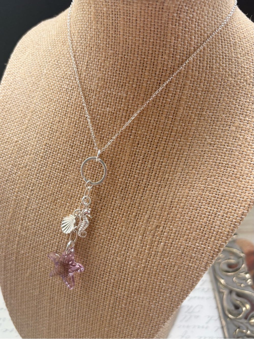Sterling Silver Sea Charm Pendant Pink Swarovski Crystal Starfish, Seahorse